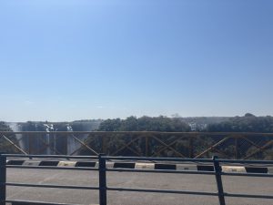 View of the Zambezi River and Victoria Falls from the border bridge between Zambia and Zimbabwe.